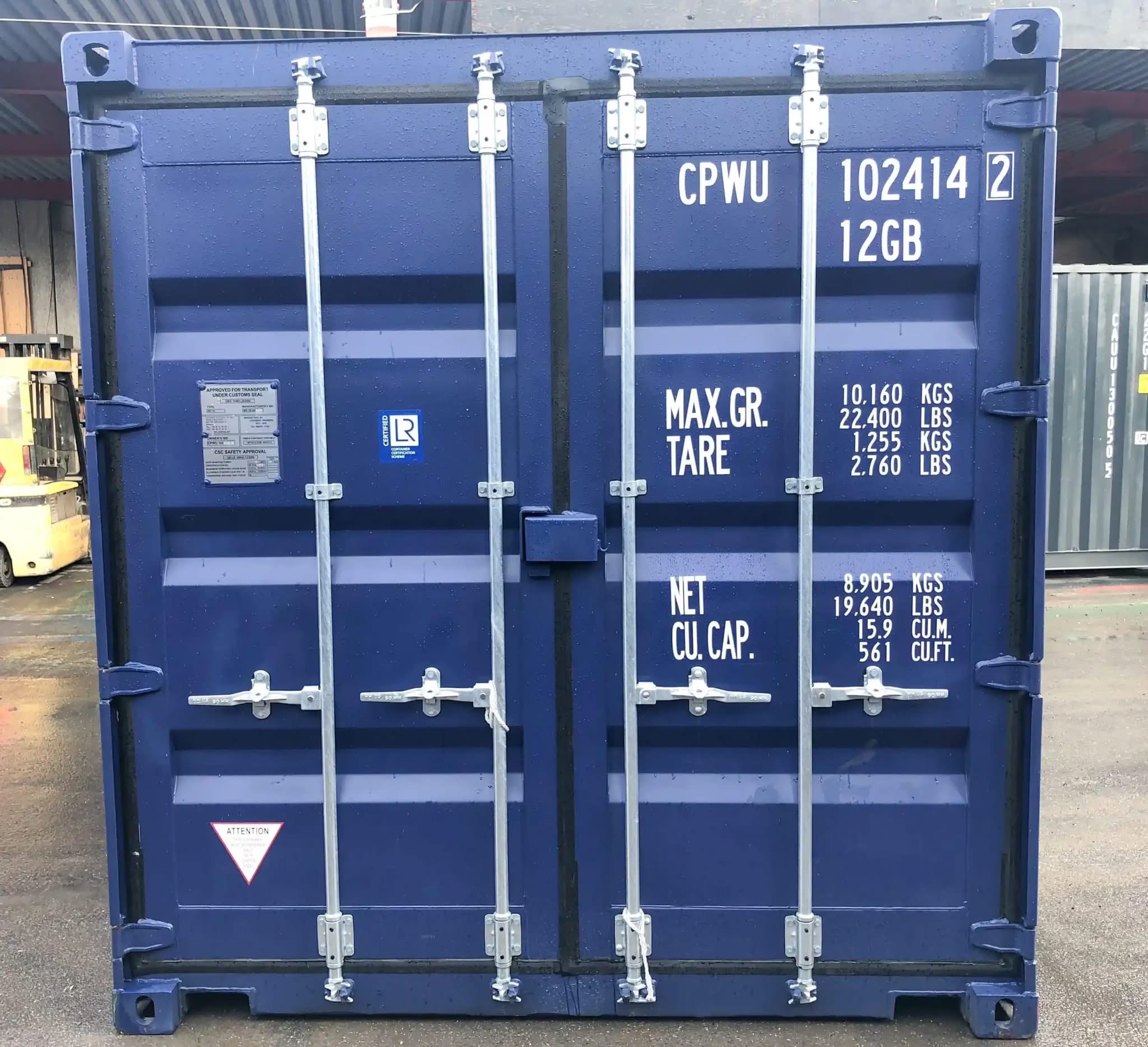 10 fots isolerad blaa container åben dør indre