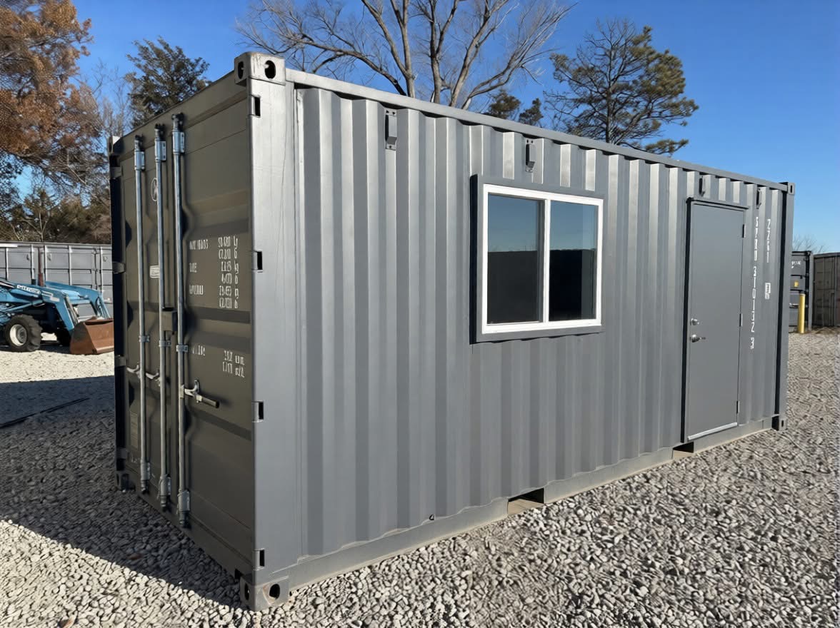 20 fots grå kontorcontainer dobbeltvindue facade